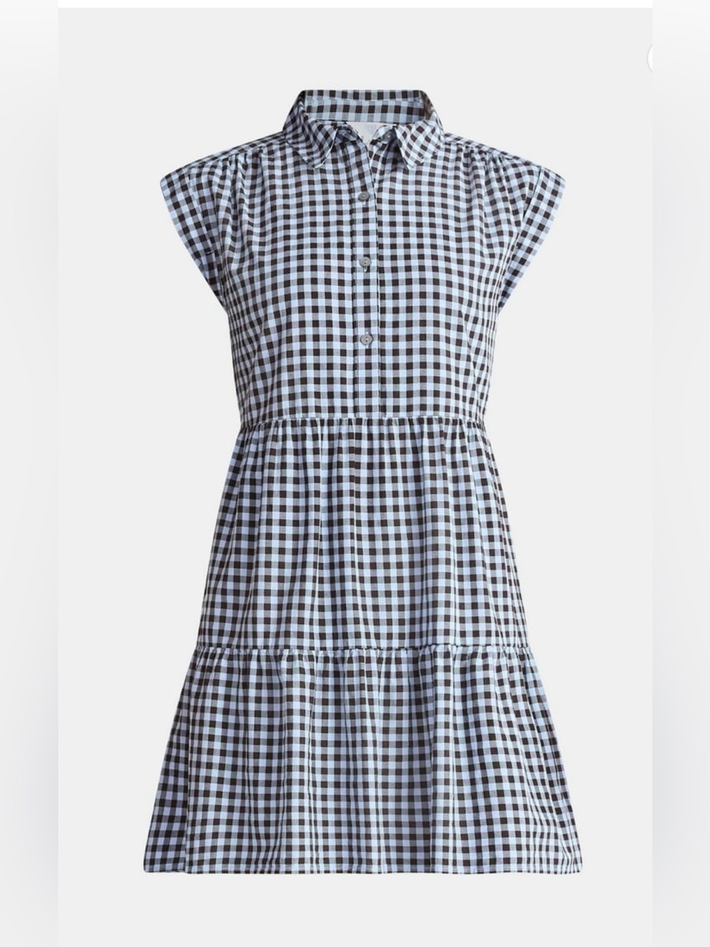 Time And Tru Women's Tiered Mini Tiered Gingham Shirtdress Size M Blue Brown